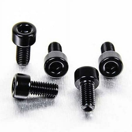 Black alloy parallel Allen head bolts in a pack of five, each measuring M5 x 0.80mm x 10mm, showcasing a smooth finish and hexagonal recess for easy installation.