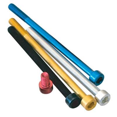 Five Pro-Bolt parallel Allen head alloy bolts in various colors, including silver, black, gold, blue, and red, showcasing their hexagonal heads and threaded shafts.