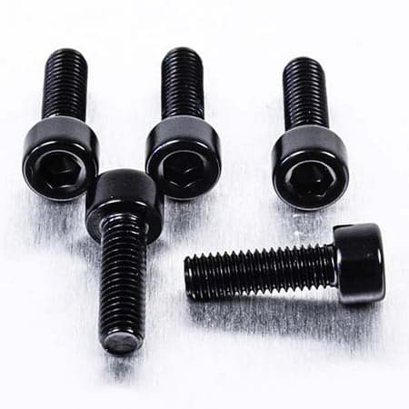Five black alloy bolts with parallel Allen heads, measuring M5 x 0.80mm x 16mm, showcasing a sleek finish and durable design, ideal for various applications.