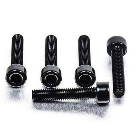 Five black alloy parallel Allen head bolts, each measuring M5 x 0.80mm x 25mm, featuring a smooth finish and hexagonal socket for easy installation.