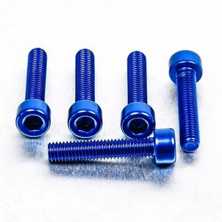 Five blue alloy parallel Allen head bolts, each measuring M5 x 0.80mm x 25mm, showcasing a smooth finish and hexagonal socket for easy installation.