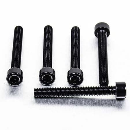 Five black alloy parallel Allen head bolts, each measuring M5 x 0.80mm x 40mm, featuring a smooth finish and rounded tops, arranged on a metallic surface.