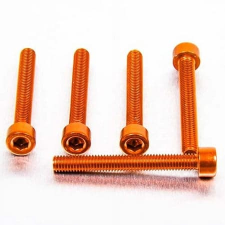Five orange alloy parallel Allen head bolts, each measuring M5 x 0.80mm x 40mm, showcasing a smooth finish and hexagonal socket for easy installation.