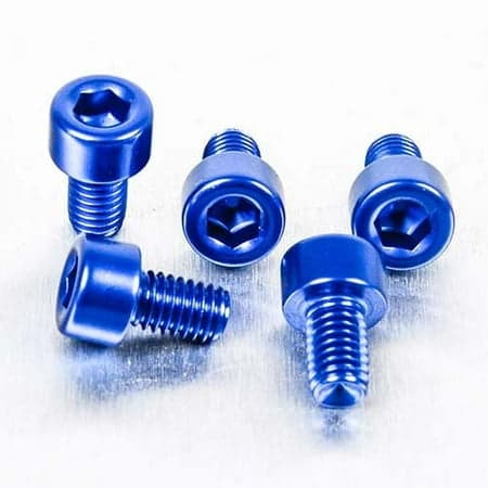 Five blue alloy parallel Allen head bolts, each measuring M5 x 0.80mm x 8mm, showcasing a hexagonal socket for easy installation.