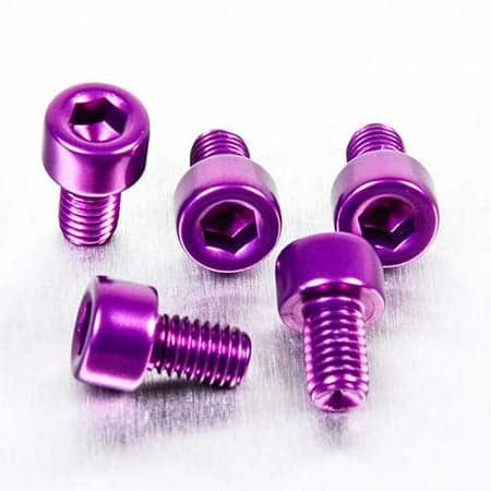 Five purple alloy bolts with a parallel Allen head design, measuring M5 x 0.80mm x 8mm, showcasing a shiny finish and hexagonal socket for easy installation.
