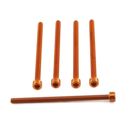 Five orange alloy parallel Allen head bolts, each measuring M6 X 1.00mm X 100mm, showcasing a sleek, shiny finish and precise threading for secure fastening.