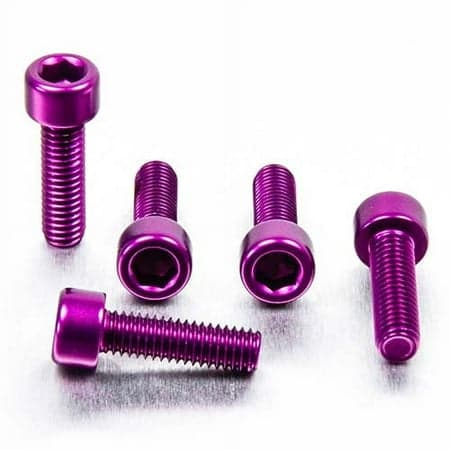 Five purple alloy parallel Allen head bolts, each measuring M6 x 1.00mm x 20mm, showcasing a shiny finish and hexagonal socket for easy installation.