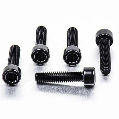 Five black alloy parallel Allen head bolts, M6 x 1.00mm x 25mm, featuring a smooth finish and rounded heads, ideal for various fastening applications.