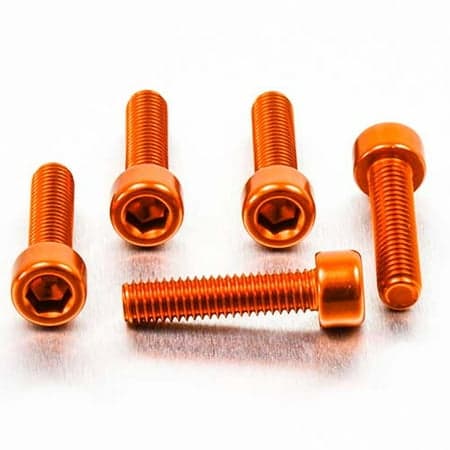 Five orange alloy bolts with parallel Allen heads, measuring M6 x 1.00mm x 25mm, showcasing a shiny finish and hexagonal sockets for easy installation.