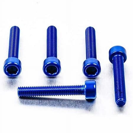 Five blue alloy parallel Allen head bolts, each measuring M6 X 1.00mm X 30mm, showcasing a shiny finish and hexagonal socket for easy installation.