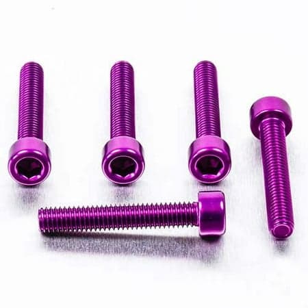 Five purple alloy parallel Allen head bolts, each measuring M6 x 1.00mm x 35mm, showcasing a shiny finish and hexagonal recess for easy installation.