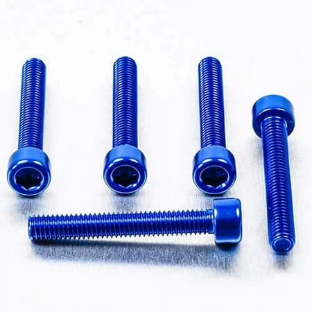 Five blue alloy bolts with parallel threads and Allen heads, measuring M6 x 1.00mm x 45mm, arranged on a metallic surface.