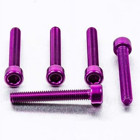 Five purple alloy bolts with parallel Allen heads, measuring M6 x 1.00mm x 45mm, showcasing a shiny finish and threaded design for secure fastening.