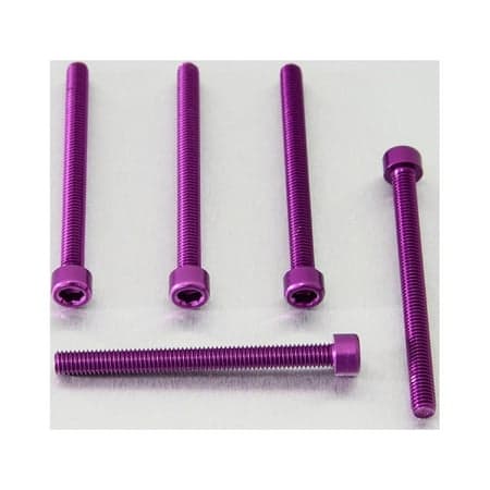 Five purple alloy parallel Allen head bolts, each measuring M6 X 1.00mm X 65mm, showcasing a shiny finish and hexagonal socket heads.
