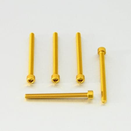 Five gold alloy bolts with parallel Allen heads, each measuring M6 X 1.00mm X 70mm, showcasing a shiny finish and precision threading.