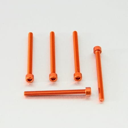 Five orange alloy parallel Allen head bolts, each measuring M6 X 1.00mm X 75mm, showcasing a sleek finish and hexagonal socket design.