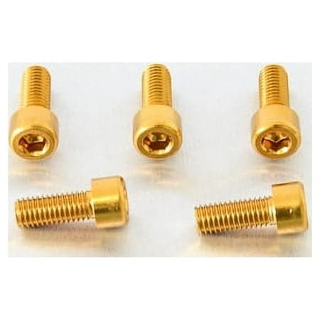 Five gold alloy parallel Allen head bolts, each measuring M8 X 1.25mm X 20mm, showcasing a shiny finish and hexagonal socket for easy installation.
