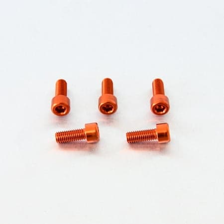 Five orange alloy parallel Allen head bolts, each measuring M8 x 1.25mm x 20mm, showcasing a shiny finish and hexagonal socket for easy installation.