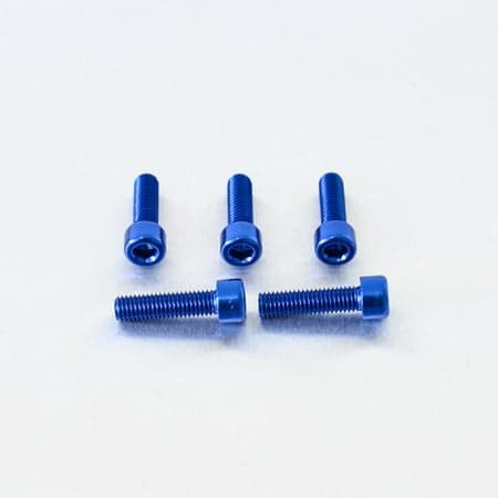 Five blue alloy parallel Allen head bolts, each measuring M8 x 1.25mm x 30mm, showcasing a sleek finish and hexagonal socket for easy installation.