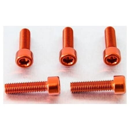 Five orange alloy bolts with parallel Allen heads, measuring M8 x 1.25mm x 30mm, showcasing a shiny finish and hexagonal socket for easy installation.