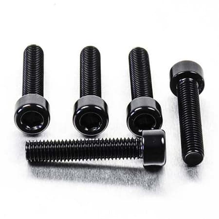 Five black alloy parallel Allen head bolts, each measuring M8 X 1.25mm X 35mm, featuring a shiny finish and distinct threaded design for secure fastening.
