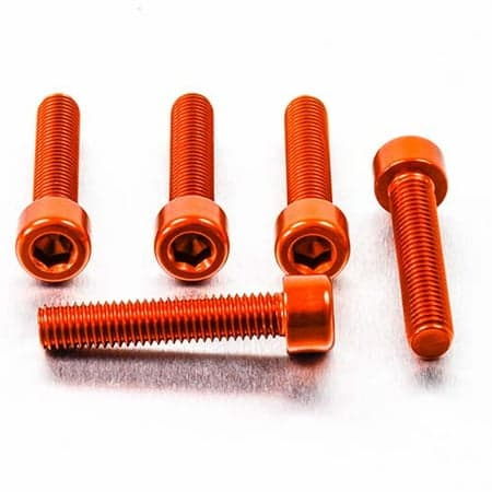 Five orange alloy bolts with parallel threads and Allen heads, measuring M8 x 1.25mm x 35mm, showcasing a sleek finish and durable design.
