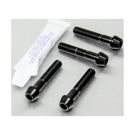 Pro-Bolt stainless steel clip-on handlebar pinch bolt kit in black, featuring four black bolts with a hexagonal head and a tube of thread-locking adhesive.
