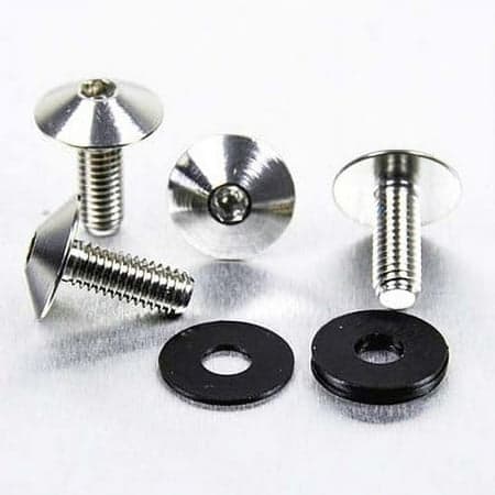 Pro-Bolt stainless steel number plate bolt kit featuring four silver bolts with flat heads and threaded shafts, accompanied by two black rubber washers.