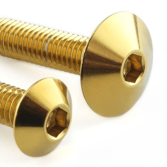 Gold stainless steel number plate mounting bolts with a hexagonal socket head and a polished finish, designed for durability and aesthetic appeal.