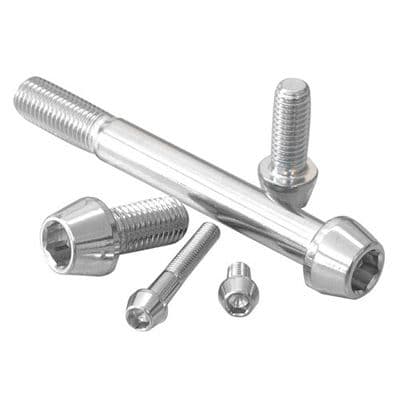 Tapered Allen head stainless steel bolts in silver, featuring various lengths and sizes, including M6 x 1.00mm x 90mm, showcasing a polished finish and hexagonal sockets.