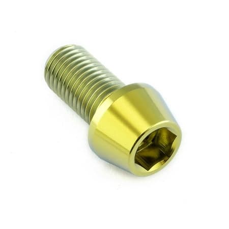Gold titanium tapered Allen head bolt, M10 size with a 1.25mm thread pitch and 20mm length, featuring a hexagonal socket for easy installation.