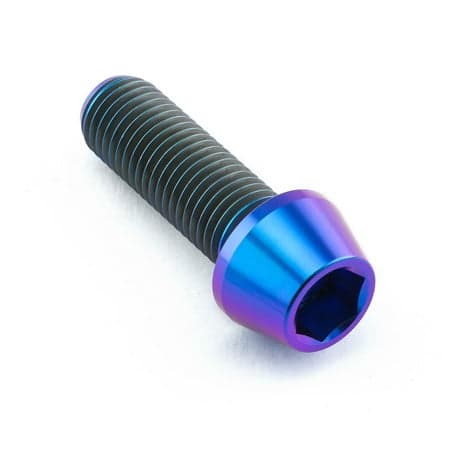 Tapered purple titanium Allen head bolt, M10 x 1.25mm x 30mm, featuring a shiny finish and distinct threading for secure fastening.