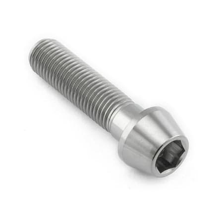 Tapered Allen head titanium bolt in natural finish, measuring M10 x 1.25mm x 40mm, featuring a sleek, shiny surface and spiral threading for secure fastening.
