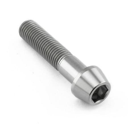 Tapered Allen head titanium bolt in natural finish, measuring M10 x 1.25mm x 45mm, featuring a smooth shaft and hexagonal recess for tool engagement.