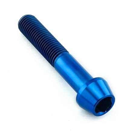 Tapered Allen head titanium bolt in blue, measuring M10 x 1.25mm x 55mm, featuring a smooth finish and prominent threading along the shaft.