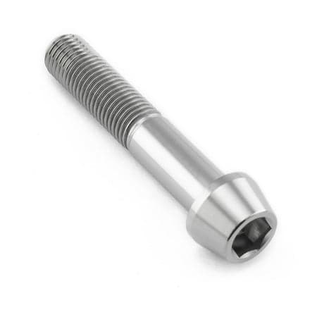 Tapered Allen head titanium bolt in natural finish, measuring M10 x 1.25mm x 55mm with a 25mm length, showcasing a smooth, shiny surface and detailed threading.