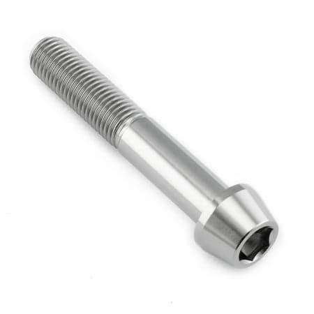 Tapered Allen head titanium bolt in natural finish, measuring M10 X 1.25mm X 60mm with a 30mm thread length, featuring a shiny, lightweight design.