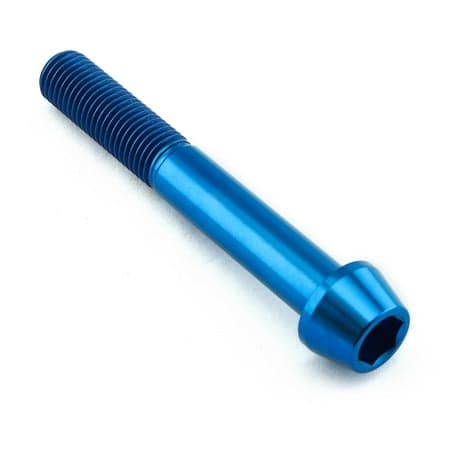 Blue tapered Allen head titanium bolt measuring M10 x 1.25mm x 70mm, featuring a smooth finish and distinct threading along the shaft.