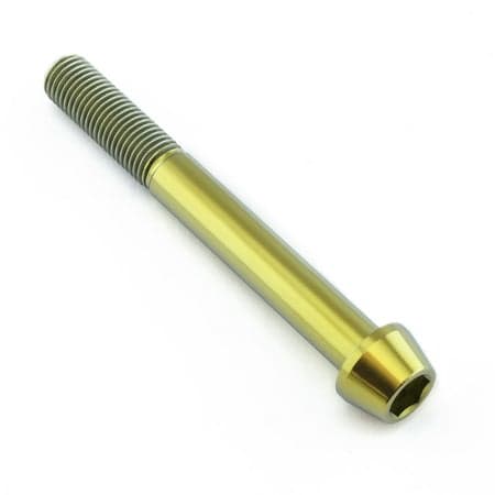 Gold titanium tapered Allen head bolt, measuring M10 x 1.25mm x 85mm with a 30mm length, featuring a smooth, shiny finish and distinct threading.