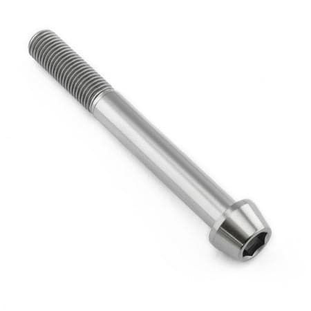 Tapered Allen head titanium bolt in natural finish, measuring M10 x 1.25mm x 85mm with a 30mm thread length, featuring a smooth, shiny surface and hexagonal socket.