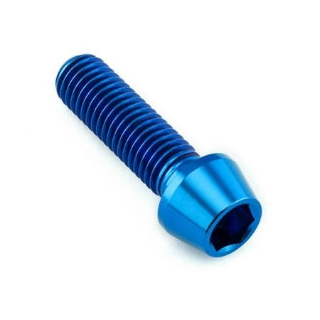 Blue titanium tapered Allen head bolt, measuring M10 x 1.50mm x 35mm, featuring a hexagonal socket and smooth, polished finish for durability and aesthetic appeal.