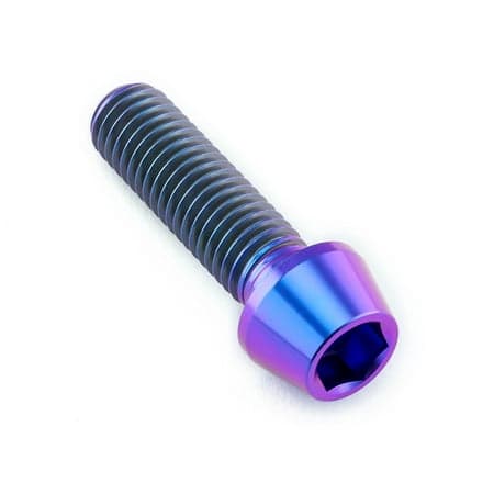 Purple tapered Allen head titanium bolt, measuring M10 x 1.50mm x 35mm, featuring a shiny, gradient finish and hexagonal socket for easy installation.