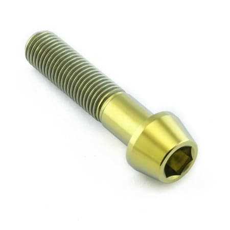Gold tapered Allen head titanium bolt, M10 size, 1.50mm thread pitch, 45mm length, featuring a hexagonal socket for easy installation and a sleek metallic finish.