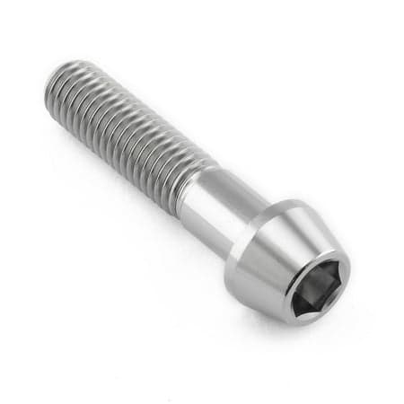 Tapered Allen head titanium bolt in natural finish, measuring M10 x 1.50mm x 45mm, featuring a smooth, shiny surface and a hexagonal socket for easy installation.