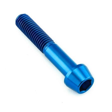 Blue titanium tapered Allen head bolt, measuring M10 x 1.50mm x 55mm, featuring a sleek finish and hexagonal socket for easy installation.