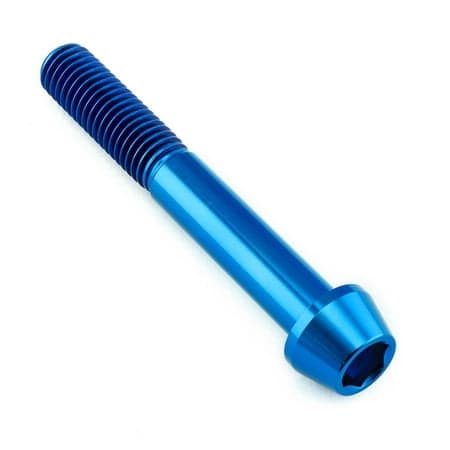 Blue tapered Allen head titanium bolt, measuring M10 x 1.50mm x 70mm, featuring a smooth, shiny finish and distinct threading along the shaft.