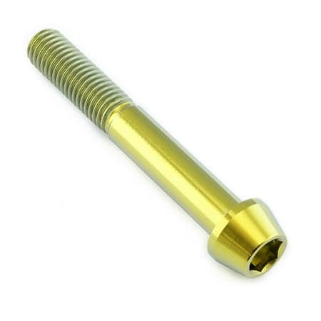 Gold titanium tapered Allen head bolt measuring M10 x 1.50mm x 70mm with a 25mm length, featuring a smooth finish and distinct threading.