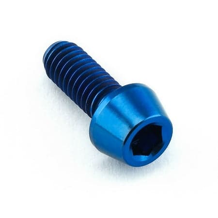 Blue tapered Allen head titanium bolt, measuring M4 x 0.70mm x 10mm, featuring a smooth finish and hexagonal socket for easy installation.