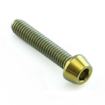Gold titanium tapered Allen head bolt, measuring M4 x 0.70mm x 20mm, featuring a smooth finish and distinct threading for secure fastening.