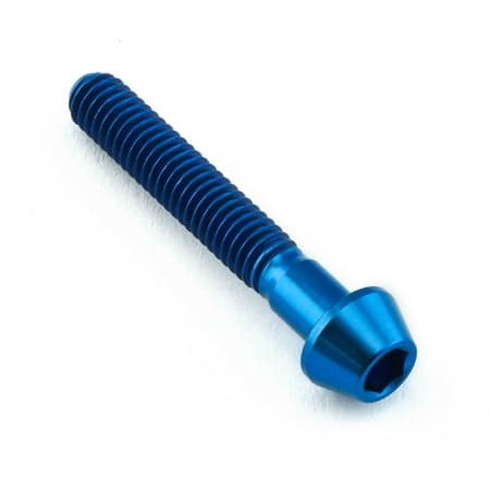 Tapered Allen head titanium bolt in blue, measuring M4 x 0.70mm x 25mm, featuring a smooth, shiny finish and distinct threading along the shaft.